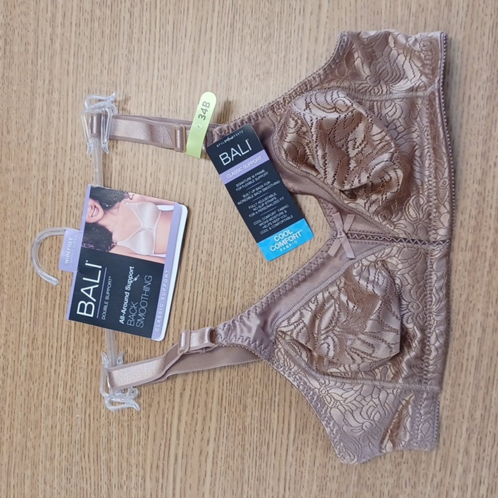 Bali Double Support Back Smoothing Wirefree Cool Comfort Sheer Latte Bra 34B